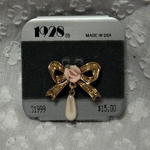 1928 Gold Bow Brooch with Pink Rose and Pearl Drop